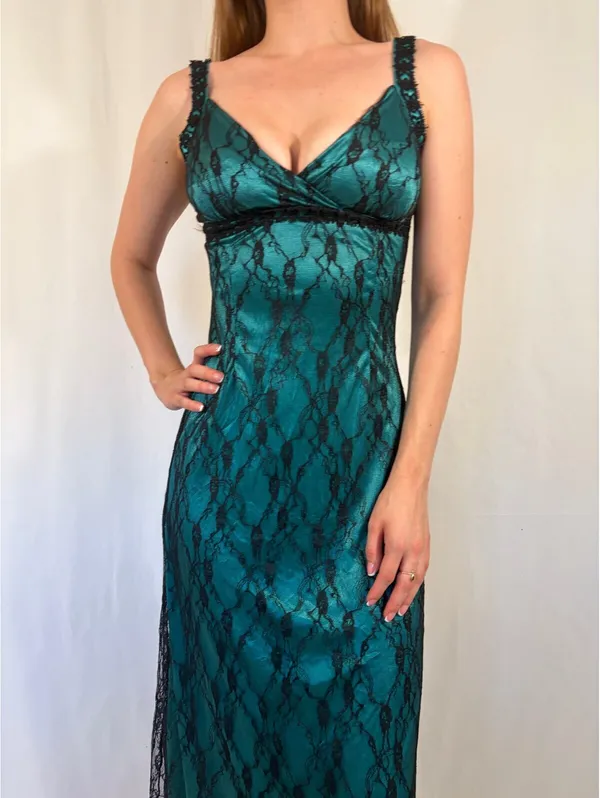 Turquoise Lace Overlay Gothic Maxi V Neck Dress Blue - Image 2
