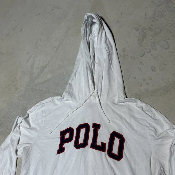 Polo Ralph Lauren Women's White Pullover Hoodie Big POLO Patch SZ L Lightweight - Image 2