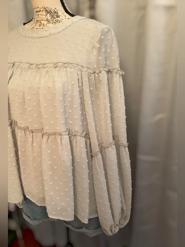 Listicle Light Gray Swiss Dot Tiered Peasant Blouse - Image 4