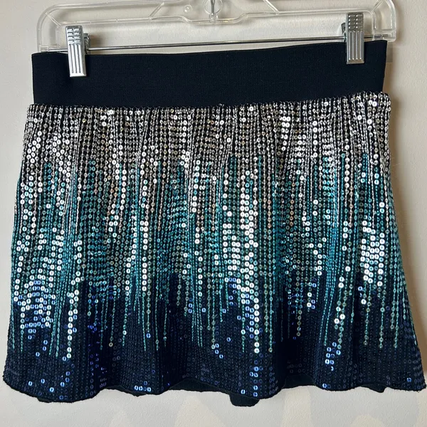 Vintage Free People Sequin Ombre Mini Skirt - Navy, Teal & Silver - Image 2