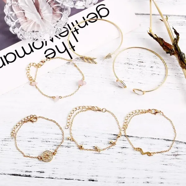 Gold Arrow Stacking Bracelets Bohemian Stone Beads Chains Fashion 6-pc Jewelry - Image 6