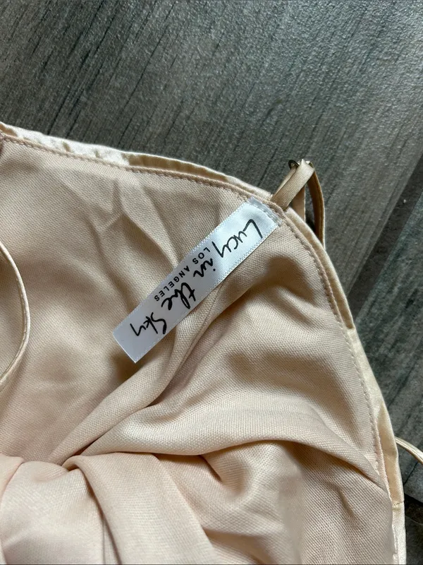 Lucy in the Sky Champagne Satin Mini Slip Dress with Side Ties - Image 2