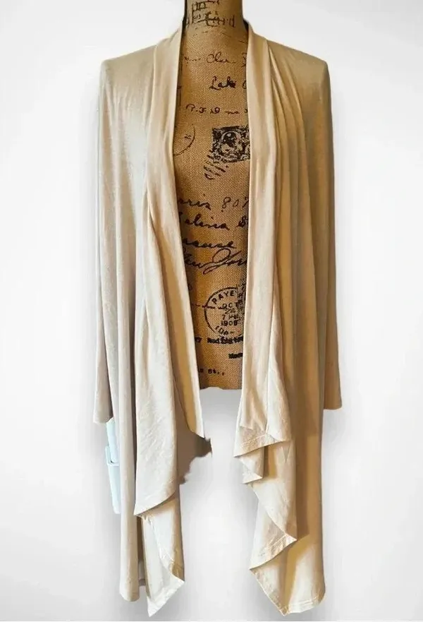 Open Front‎ Lightweight Long Sleeve Draped Apricot Long Cardigan Medium - Image 2