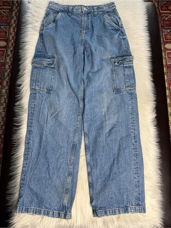 H&M Divided Blue Denim Baggy Fit Cargo Jeans - Image 2