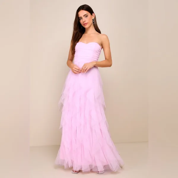 LULU’S Delightful Beauty Pink Mesh Strapless Ruched Ruffled Maxi Dress - Image 6