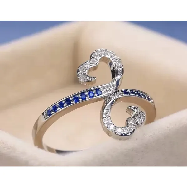 White Gold Plated Double Heart Lab Sapphire Ring Size‎ 7 - Image 7
