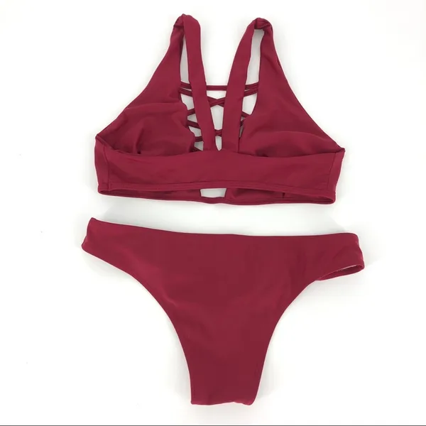Strappy Criss Cross Bikini‎ Set Maroon Size S Red - Image 3