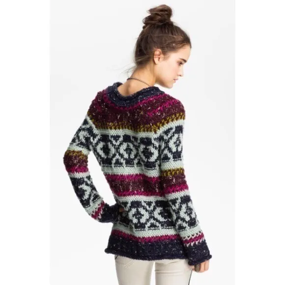 FREE PEOPLE Silver Reed Chunky Knit Fairisle Fair Isle Sweater Wool Linen Small - Image 10