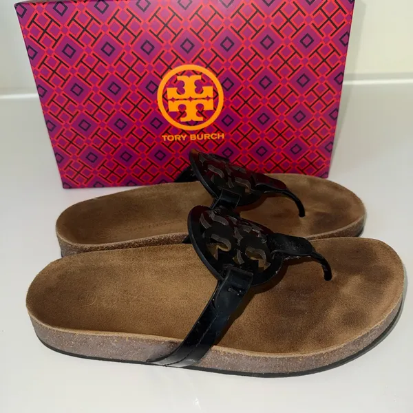 Tory Burch Women's Miller Cloud Sandals Black Patent Leather Natural Size 8 - Image 3