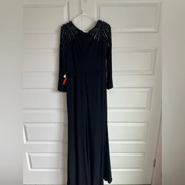 Leena Mac Duggal Long Sleeve Jersey Wrap Gown‎ Dress Embellished V Neck Midnight - Image 9