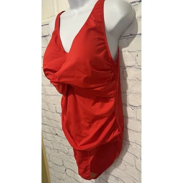 Denim & Co. Beach Twist V-Neck One-Piece with Ruching Red Plus Size 16 - Image 3