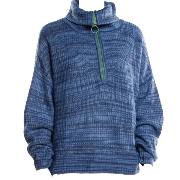 5/$65 Aerie Womens Sweater Sz S‎ Blue Funnel Neck Quarter Zip Green Stripe - Image 3