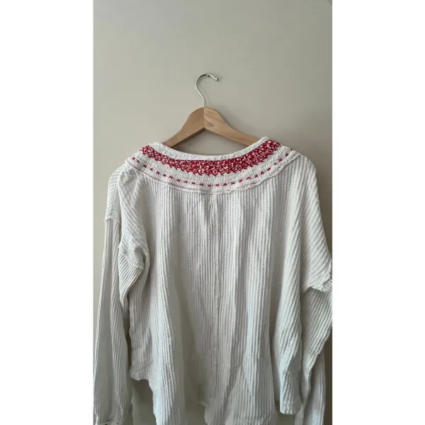 Free People We The Free White Waffle Knit Henley Top Red Embroidery Small - Image 5