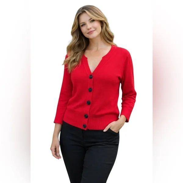 Nue Options Red Knit Cardigan Black Rose Buttons Size L - Image 3