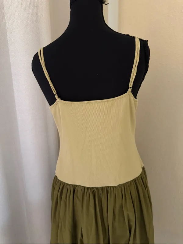 Maeve Anthropologie Ribbed Drop Waist Midi Dress Olive Green Cream Large - Image 6