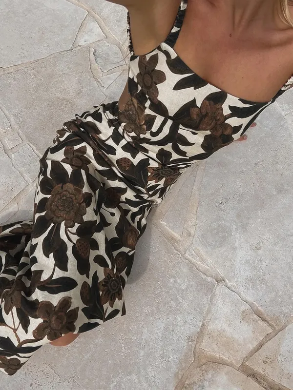 Commense Backless Elegant Print Split Zipper Romantic Maxi Dress XL Brown - Image 2