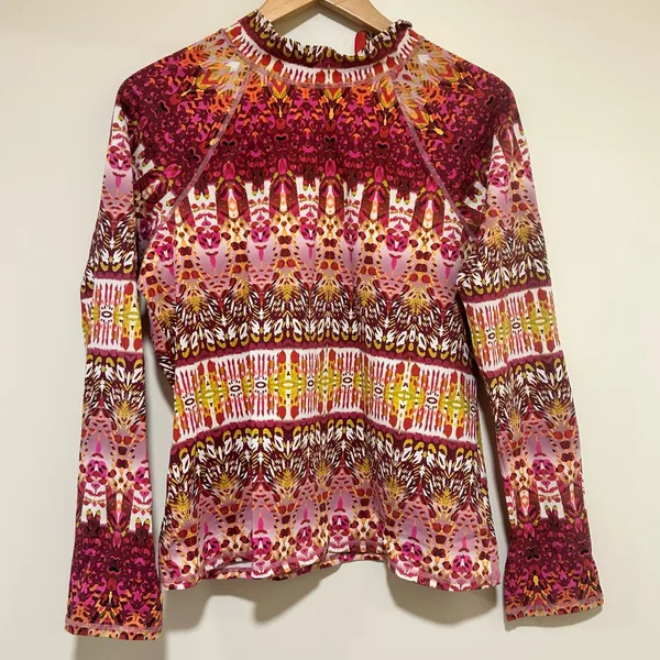 Garnet Hill Mock Neck Back Zip Art to Wear Red & Pink Rash Guard Size XL - Image 2