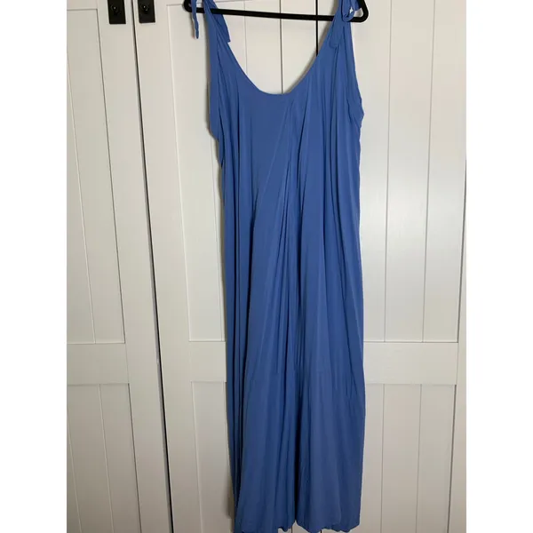 Love X Design Maxi Dress XL Blue Rayon Boho Flowy Tiered Tie Shoulder Resort - Image 4