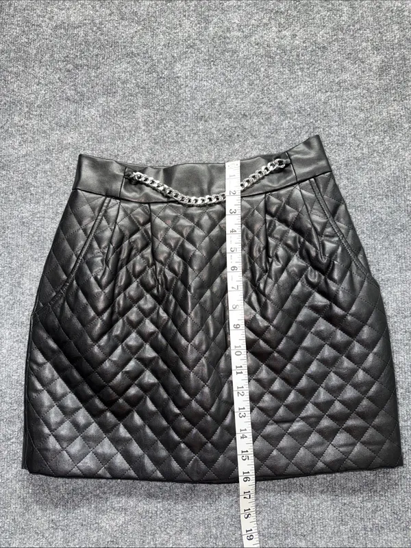 Amanda Uprichard Quilted Faux Leather Mini Skirt in Black with Silver Chain - Image 4