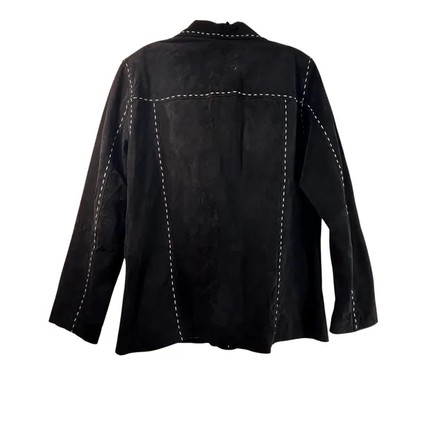Denim & Co Black Suede Leather Whipstitch Button Front Jacket Coat Large L - Image 3