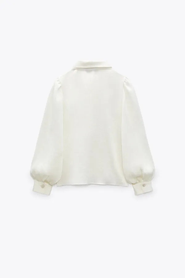 ZARA blouse shirt top satin effect jewel button neck bow - Image 7