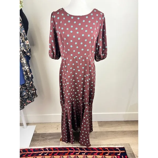 Bobeau Polka Dot Dara Midi Dress Puff Sleeve Ruffle Hem Burgundy Teal Size M - Image 2