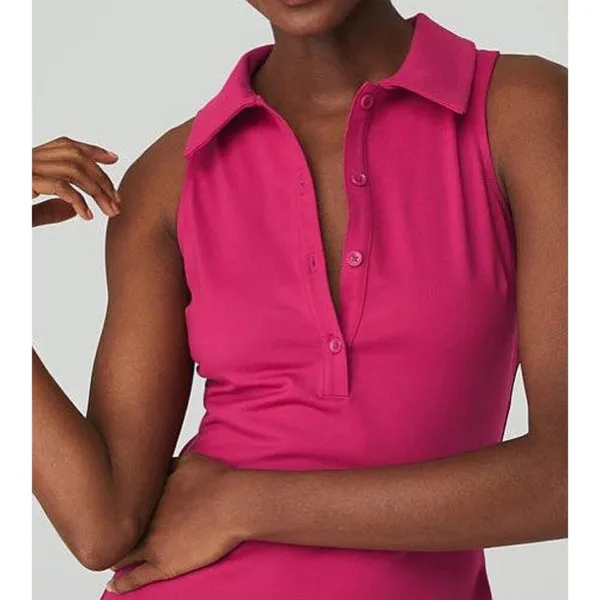 Alo Charmed Tennis Dress Magenta Crush Button-Up V-Neck Sleeveless Henley Mini L - Image 5
