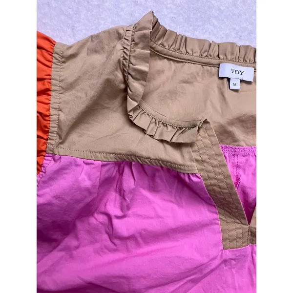VOY‎ Ruffle Sleeve Blouse Womens Medium Pink Tan Orange Colorblock Cotton Top - Image 5