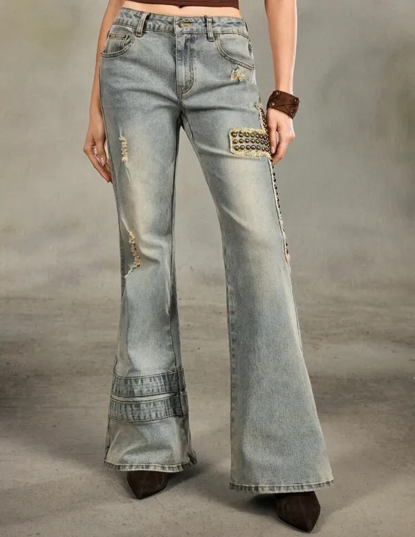 Womens Romwe Grunge Punk Cross Print Wide Leg Jeans, Size 6 (Medium), NWT - Image 8