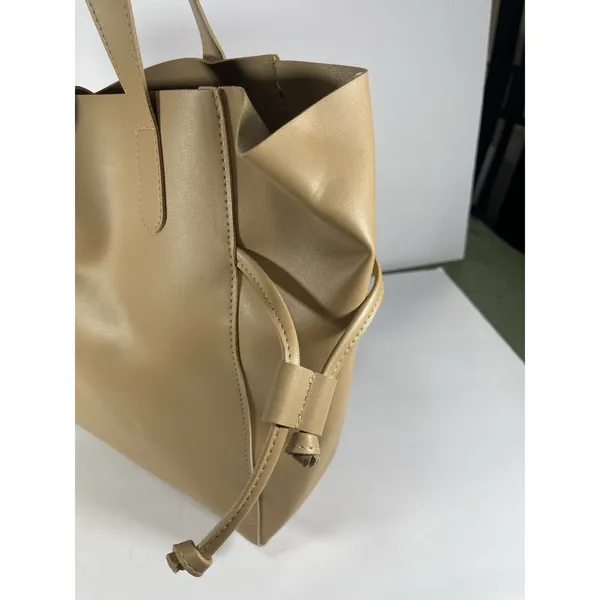 Beige Matte Tote Bag Drawstring Closure Double Handles Solid Medium Casual - Image 4