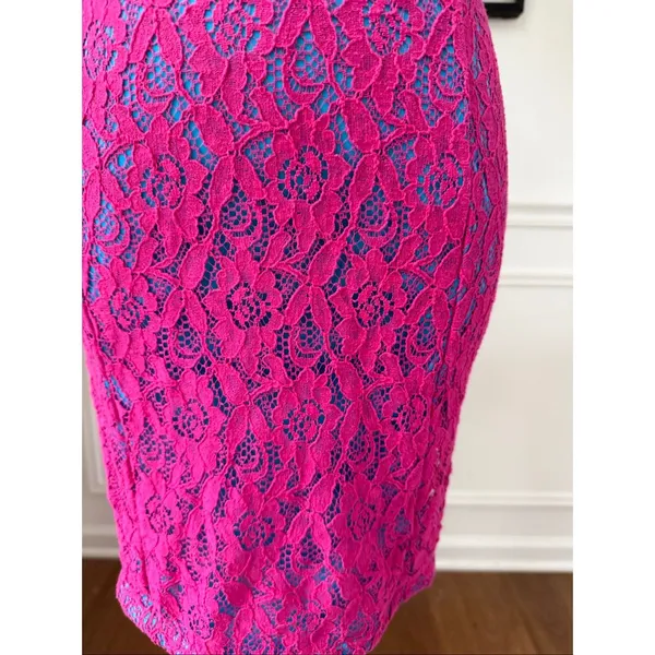 NWT Trina Turk Strapless Bodycon Mini Dress Hot Pink Lace Turquoise Lining Dress - Image 5