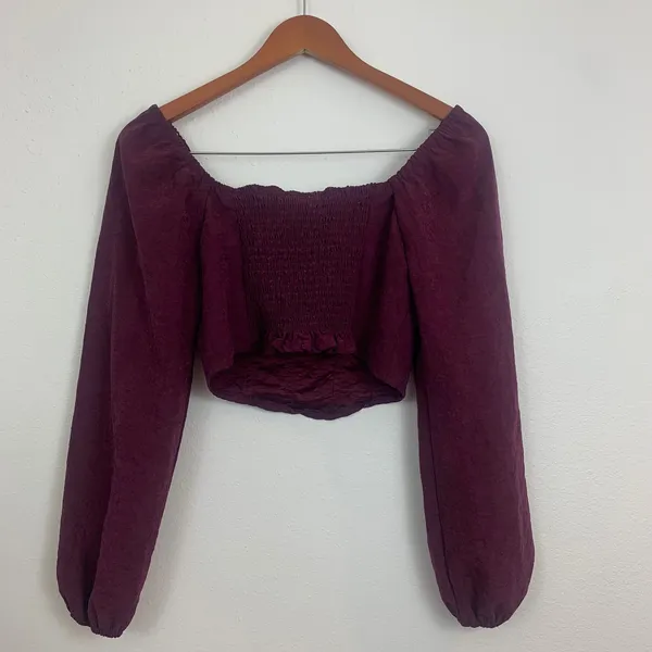 Kirious Los Angeles Women's S Burgundy Corset Crop Top‎ Puff Sleeve Smocked Back - Image 2
