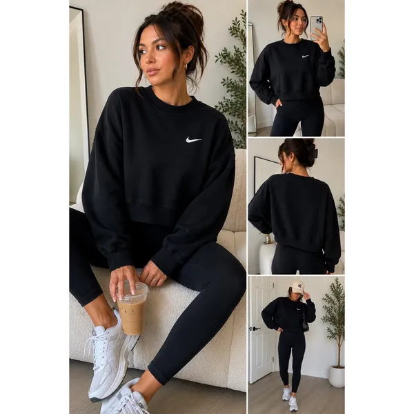 Nike Womens XXL Black Oversized Cropped Crewneck Sweatshirt Embroidered Swoosh - Image 2