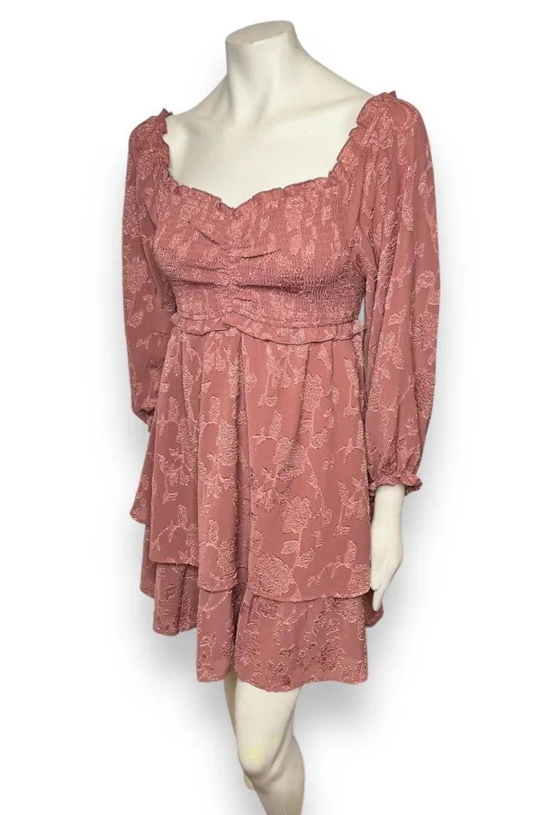 Pink Lily | Textured Floral Long Sleeve Cinched Bust Smocked Mini Tiered Dress L - Image 16