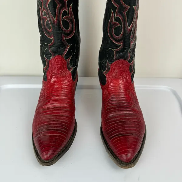 Vtg Nocona Red Black Lizard Leather Westerm Cowgirl Boots Sz 7B - Image 9
