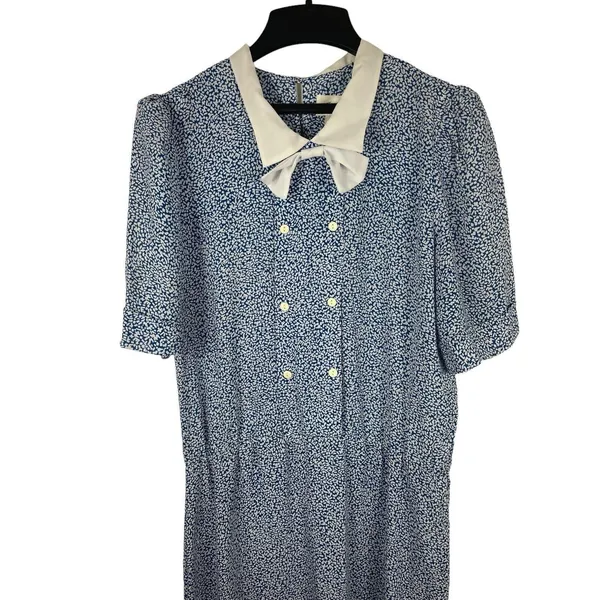 VTG 80s Joy Gordon Midi Blue White Semi Sheer Short Sleeve Nautical Dress 12 - Image 2