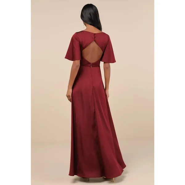 NWT Lulus Elegant Confidence Red Satin Flutter Sleeve Cutout Maxi Dress Size XL - Image 3