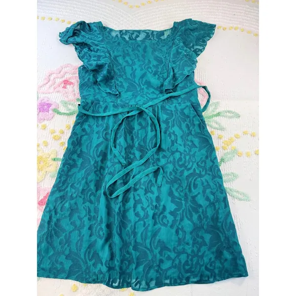 Moulinette Soeurs anthropologie Teal‎ Lace Overlay Flutter Sleeve 14 dress - Image 2