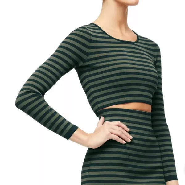 NWT‎ Good American Womens Stripe Long Sleeve Crop Top 2 medium Green/Navy - Image 4