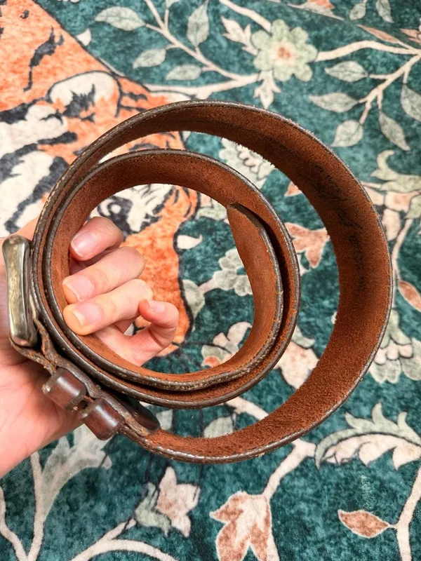Vintage Chunky Brown Genuine Leather Belt with Solid Brass Buckle Silver Size 34 - Image 11