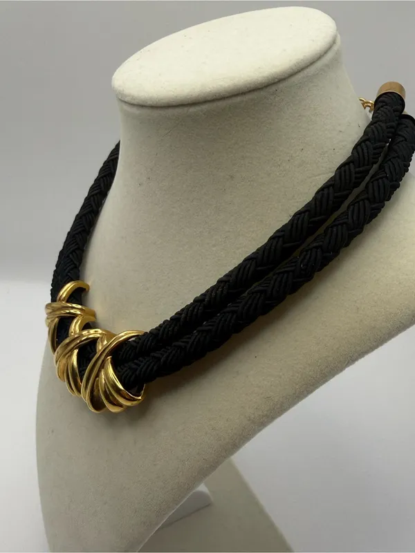 Black Braided Statement Necklace with Gold Accent - Image 4