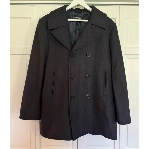J. Peterman 100% wool navy nautical double breasted peacoat size 42 large - Image 2