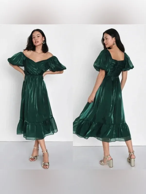 Lulus Remarkable Sensation Emerald Green Puff Sleeve Tiered Midi Dress size m - Image 2