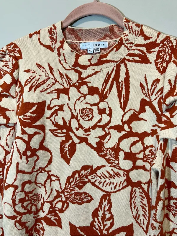 Baltic Born Sebastian‎ Puff Sleeve Shoulder Floral Knit Sweater XL Cream Orange - Image 4