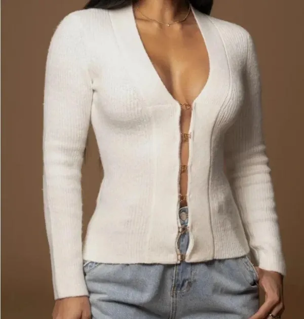 Elegant JLUXLABEL Cream Women's Sweater/cardigan size L - Image 3