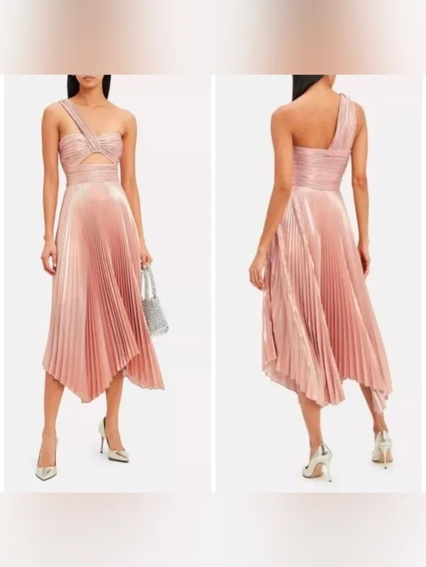 A.L.C. Pink Rose Gold Aurora Pleated One Shoulder Midi Dress - Image 2