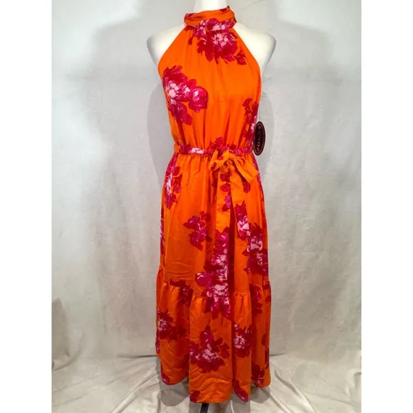 Scoop bright orange and pink floral halter neck maxi dress size small NWT - Image 3