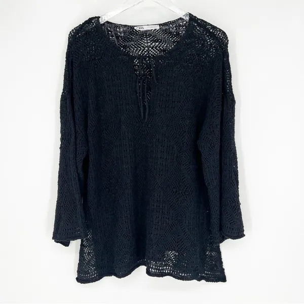ZARA Double Tie Crochet Cover Up Women's Size M Black Vacation Style‎ - Image 2