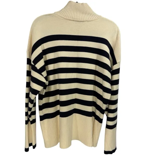 Zara Womens Medium Striped Turtleneck Sweater Cream Navy Long Sleeve Chunky Knit - Image 2