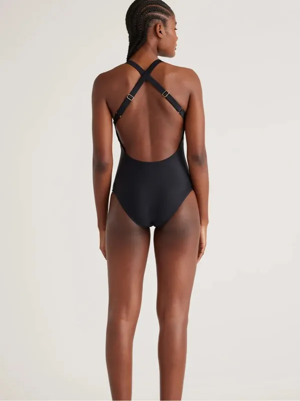 NWT Quince Italian Cross-Back One-Piece Swimsuit black extra small - Image 2